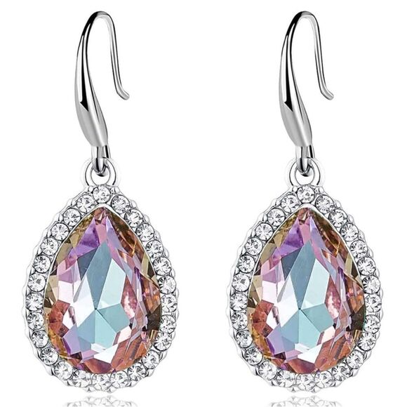 14K White Gold with Vitrail Light Austrian Crystal Teardrop Halo Hook Earrings